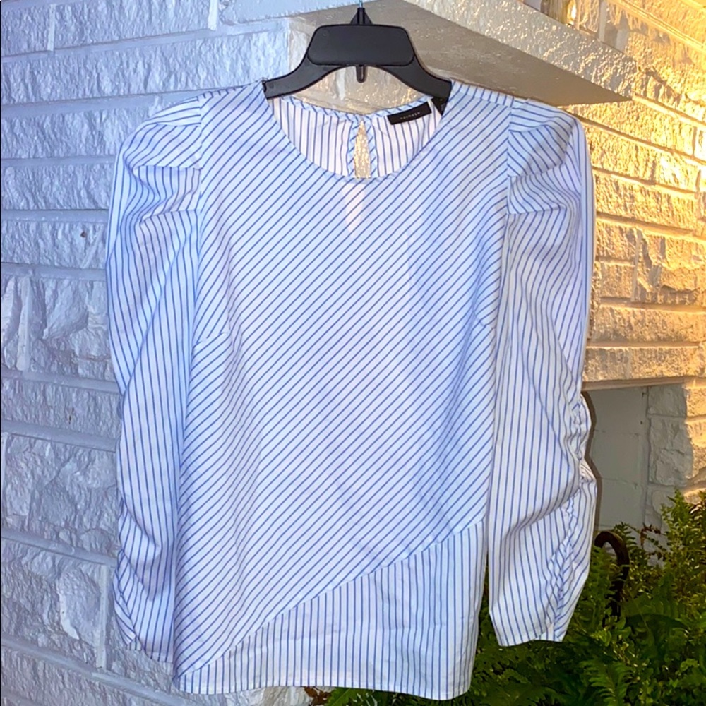 Puff Sleeve Shirt, Blue Pinstripe, 81% Cotton